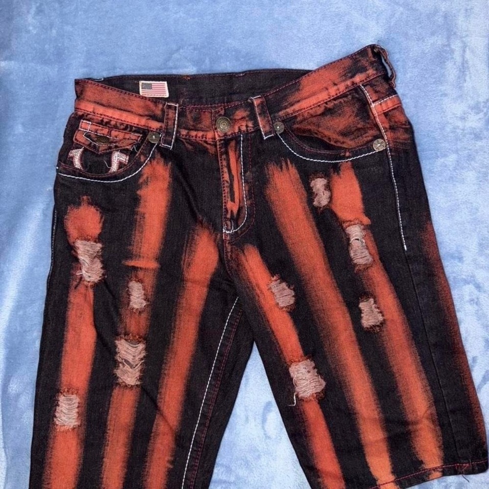 Vintage True Religion Red Black‎ Dyed Distressed Baggy Jeans Shorts men  Size 34